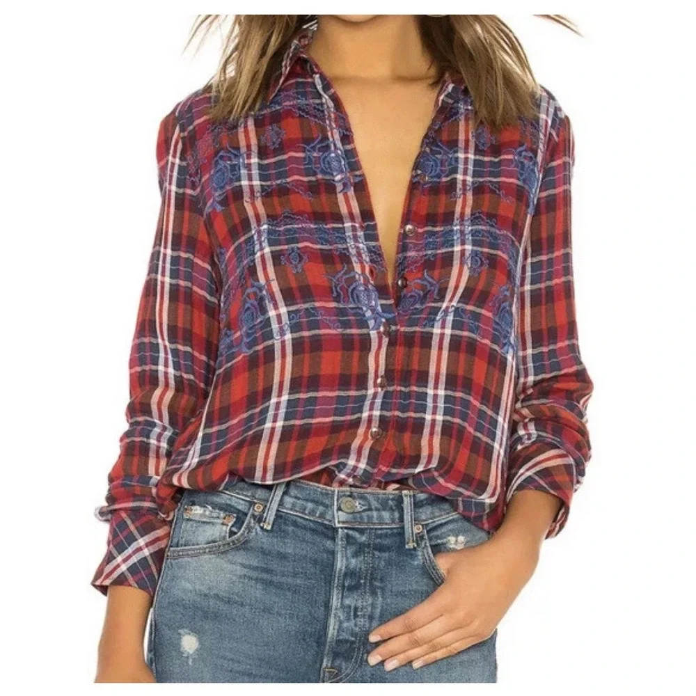 Free People Magical Plaid Embroidered Floral Button Down Shirt Small Flannel GUC